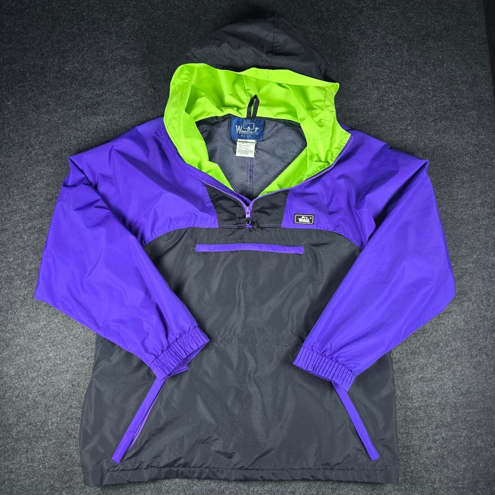 Vtg Woolrich Men's Purple Black Neon Hooded Anorak Pullover Windbreaker Size M